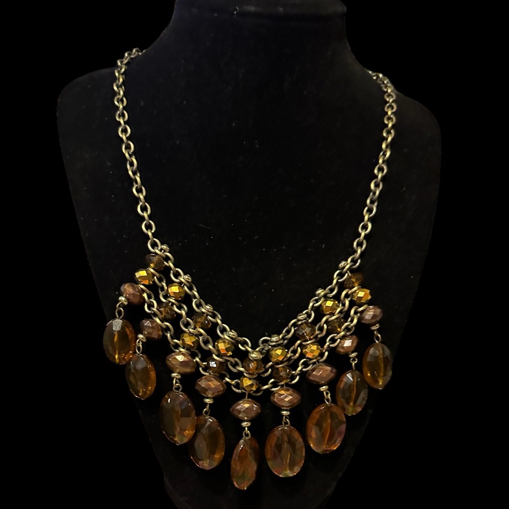 Faux Amber Collar Drop Collar Necklace Antique Gold-tone